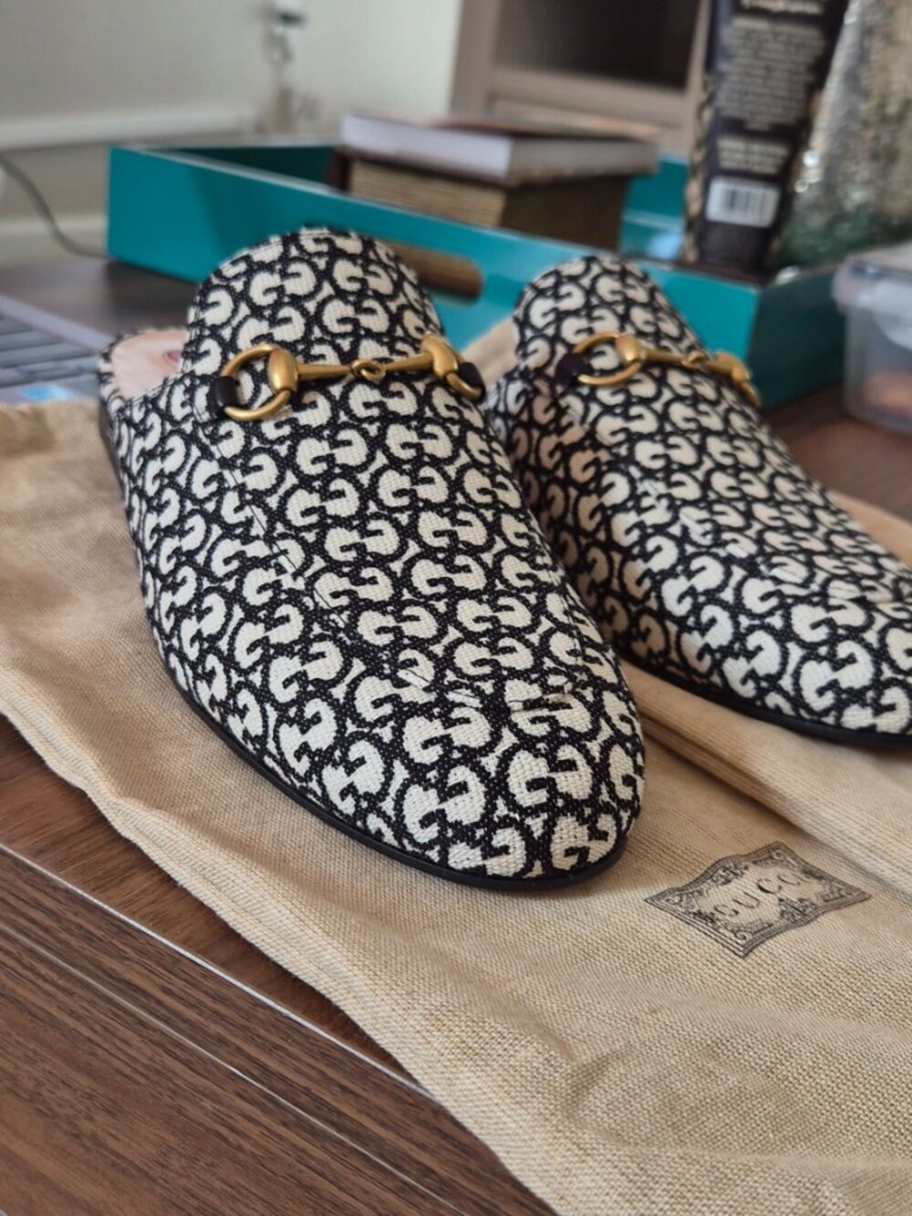 GUCCI PRINCETOWN HORSEBIT GG JACQUARD LOAFER MULE EU 38 1/2 Run Small! - Picture 7 of 9